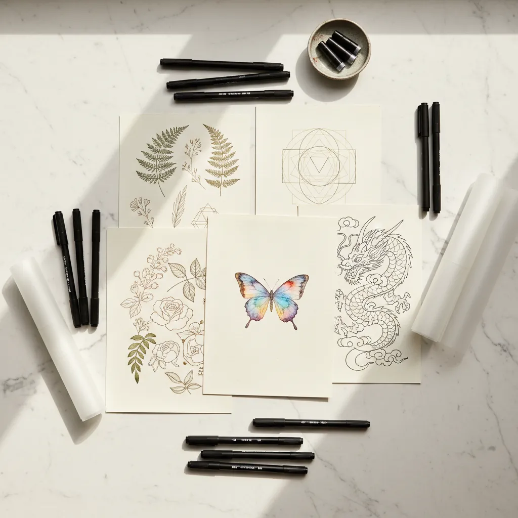 AI tattoo generator creating diverse tattoo designs - fine line, geometric, watercolor styles