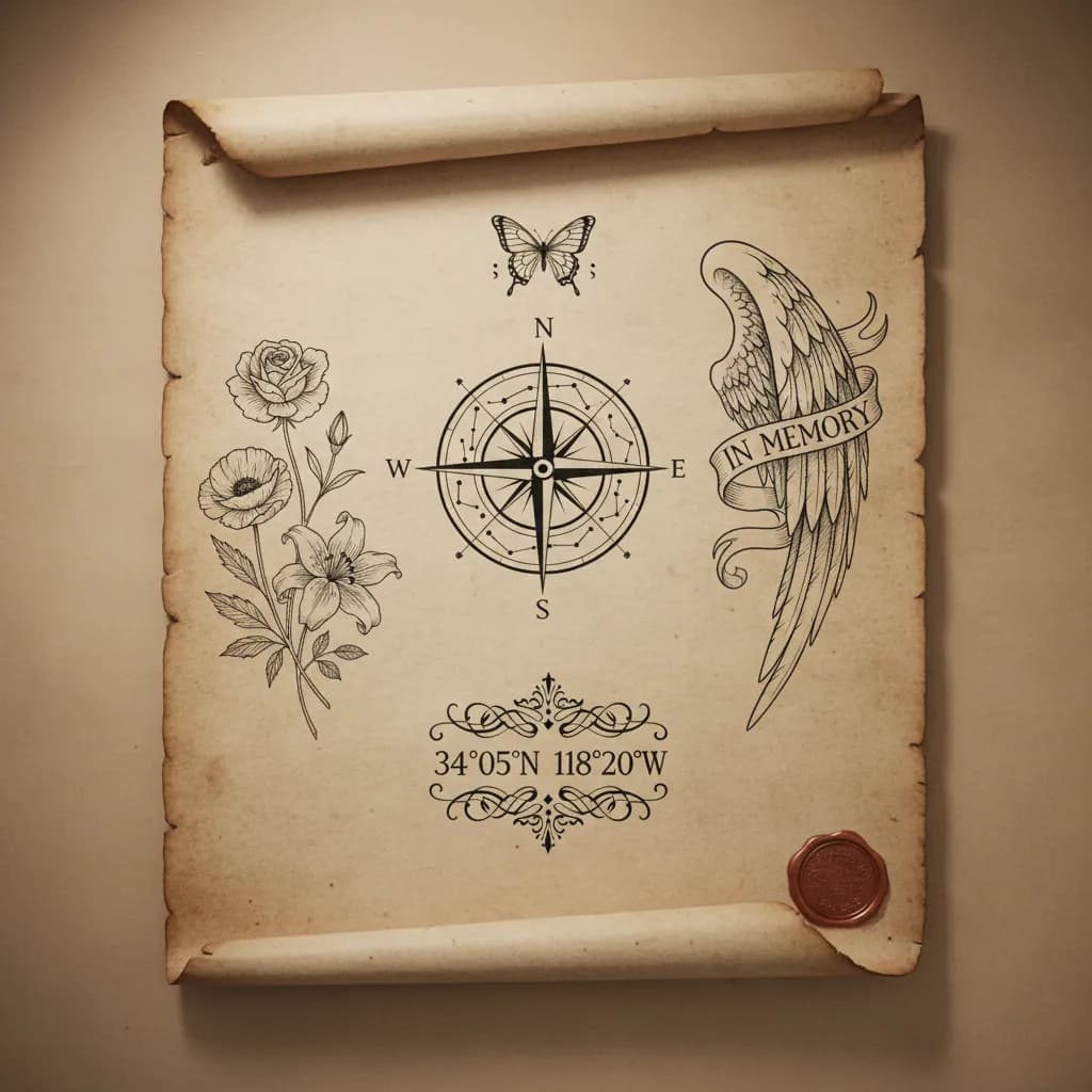 Meaningful tattoo design ideas - compass, angel wings, coordinates, and symbolic fine line artwork